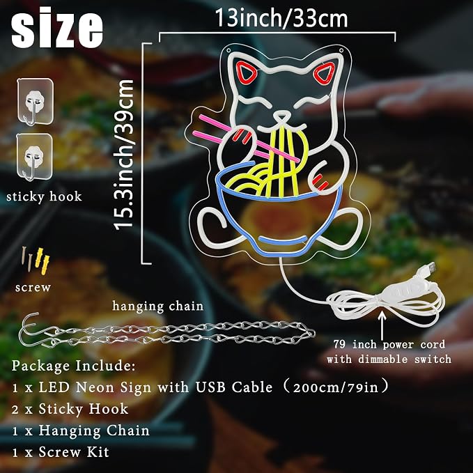 Fortune Cat Ramen Neon Sign Japanese Lucky Cat Noodle Neon LED Light Signs | Dimmable Anime Ramen Cat Neon Lights up Sign for Living Room Wall Decor Home Bar Kitchen Ramen Restaurant Dining