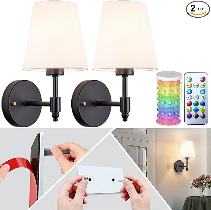 Peel and Stick Wall Sconces, Stick On Wall Sconce Set of 2, Battery Operated Wireless Adhesive Wall Lights, Corn Bulb with 10000mAh Battery, Easy Install for Bedroom Living Room Wall Decor