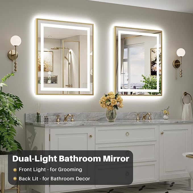 36x30 Inch LED Bathroom Mirror with Gold Frame, Backlit & Front Lit | Anti-fog, 3 Color Dimmable, Memory Function, HD Reflection Tempered Glass, ETL Listed, IP54 Waterproof
