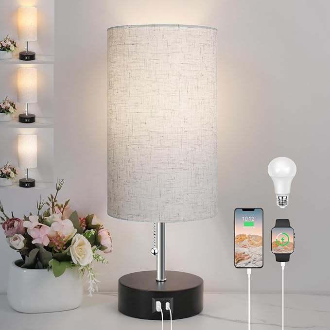 ROTTOGOON 3-Color Temperature Bedside Lamp Nightstand Lamp with USB A Port and C Port, Table Lamp for Bedroom with LED Bulb Small Lamps for Living Room (Otmeal)