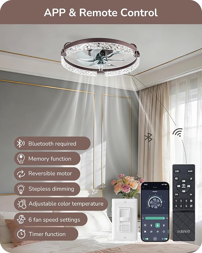 EDISHINE Ceiling Fans with Lights, 20'' Low Profile Flush Mount Fandelier | LED Low Profile Fan Light 3000-6000K Dimmable, 6 Speeds, DC Motor, APP Control, Modern Fandelier for Bedroom, Brown