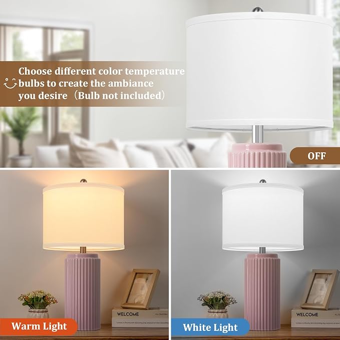 23.5" Pink Ceramic Table Lamps Set of 2, Modern Nightstand Lamps | Bedside Table Lamps with White Linen Shade, Ideal Size, Farmhouse Home Decor for Living Room Bedroom Office End Table Dorm