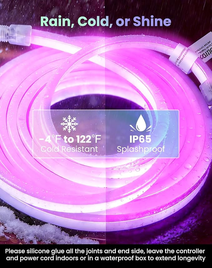 Smart LED RGB Neon Rope Lights AC 120V, ETL Expandable Color Changing Dimmable with Remote Compatible with Alexa, Google Assistant, Cold-Resistant & IP65 Waterproof, 8x16 mm, 16.4FT