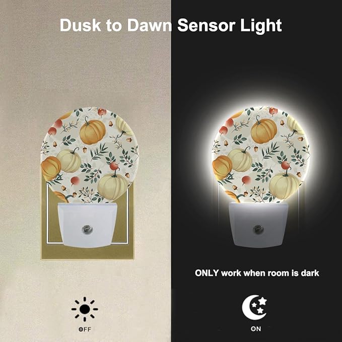 EKOBLA Pumpkin Night Light with Dusk to Dawn Auto Sensor, Autumn Fall Maple Leaf Plug-in Nightlights, Soft Glow LED Lighting for Bedroom Bathroom Hallway Kitchen