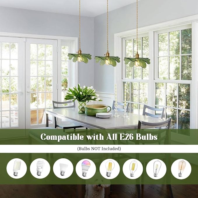 Glass Chandelier for Dining Room Vintage Chandelier Lighting 3-Light Hand Blown Gold Mid Century Modern Pendant Light with Green Glass Shade for Kitchen Island Bedroom Living Room