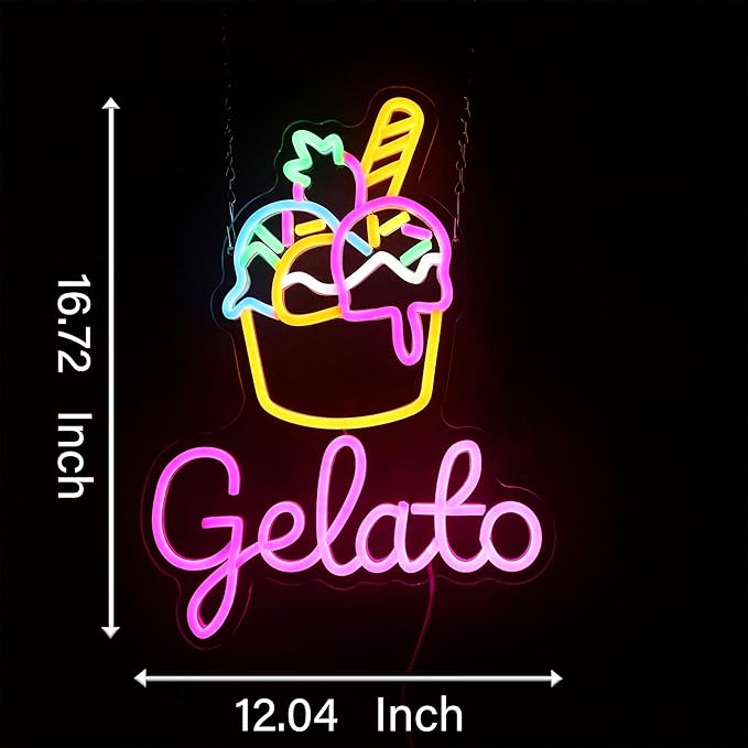 Ice Cream Neon Sign Gelato Neon Sign Dimmable Wall Decor for Store Game Room Kids Room Party Decoration 17.6 * 13.2 Inch