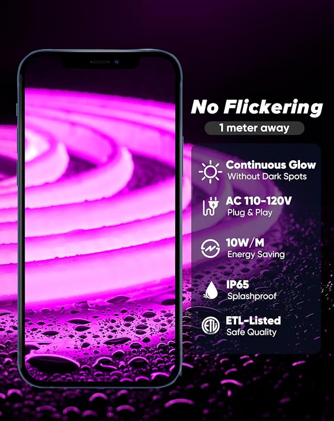 Shine Decor COB LED Rope Light AC 120V, 800lm Ultra Bright, IP65 Waterproof Cold-Resistant ETL Neon Strip, No Driver Tape Lighting for Home Commercial 10x4.5mm, Purple, 16.4ft