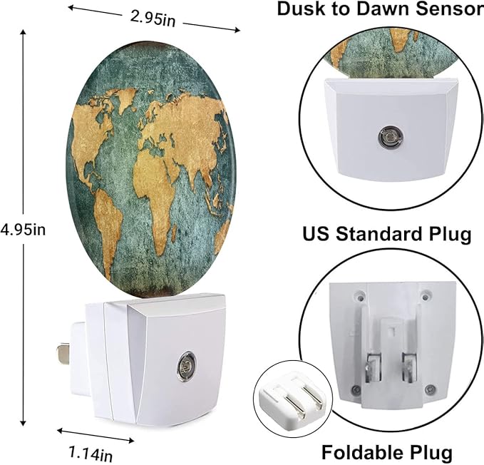 Sea Map Night Lights Plug into Wall Earth World Map Vintage LED Dusk to Dawn Plug-in Nightlight Auto Sensor for Bedroom Bathroom Hallway Living Room