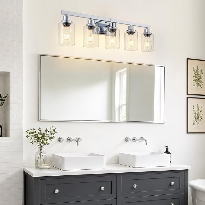 DIKADIA 5-Light Chrome Bathroom Vanity Light Over Mirror 30" Bathroom Light | Polished Chrome,Modern Vanity Lighting Fixture,Farmhouse Wall Sconces with Clear Glass Shade,Wall Light Over Mirror Sink