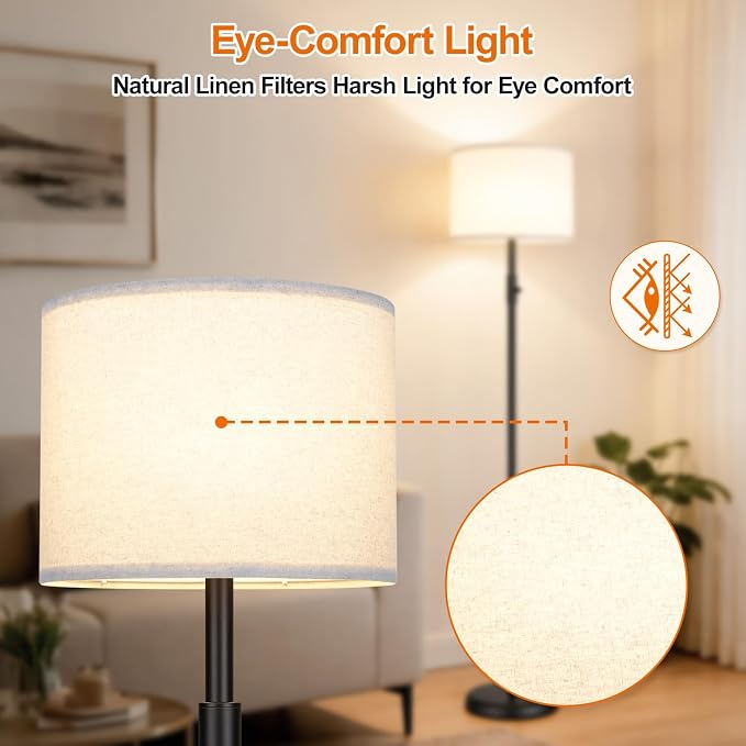 【Upgraded】 Dimmable Floor Lamp for Living Room,1000 Lumens Bulb Included, Modern Floor Lamps Simple Design with Linen Shade, Tall Standing Lamp for Bedroom Office Dining Room, Black Pole Lamp