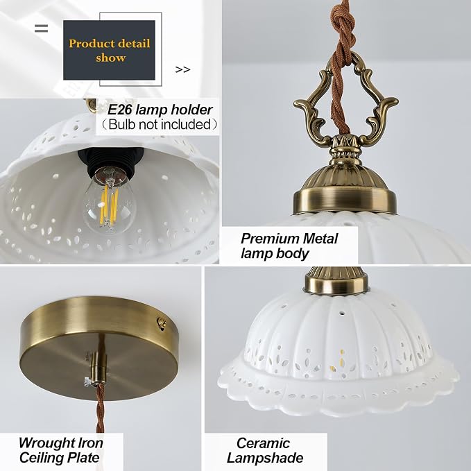 Ceramic Pendant Light 1-Light Adjustable Cord Industrial Ceiling Hanging Light Brass Vintage Chandelier for Kitchen Island Bar Dining Room Bedroom Foyer Hallway Farmhouse