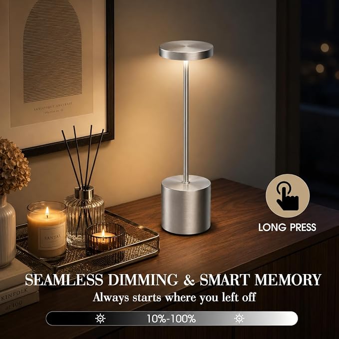 AUDLES Silver Rechargeable Table Lamps 2 Pack, Cordless Battery Operated LED Desk Lamp with Touch Control, 3 Color Temperatures, Dimmable Portable Lamps for Bedroom, Dining Room, Patio, Restaurant