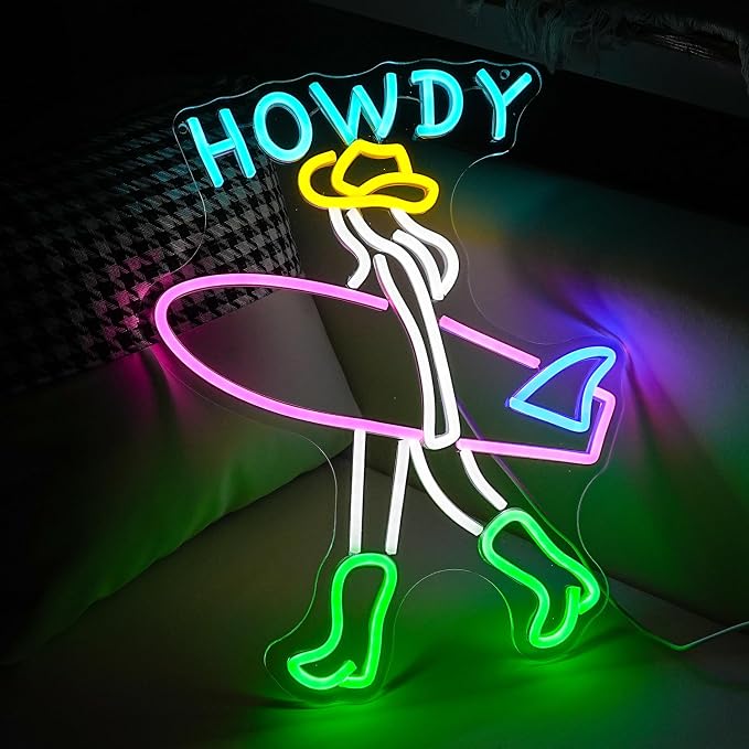 Surfer Neon Sign LED USB Howdy Cowboy Light Up Sign for Wall Decor Dimmable Lady Surfboard Neon Light for Seaside Sand Beach Surf Clubs Cowboy Room Decor(Multicolored)