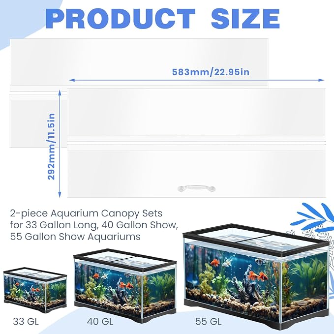 Sieral Aquarium Lids Polycarbonate Canopy with LED Light 2 Pcs Set 22.95 x 11.5 x 0.12 Inch for 33/40/55 Gallon with Center Brace Aquariums Cover Fish Tank Lid with a Hook Knife, Clear