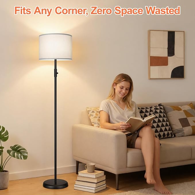 Floor Lamp Simple Design with Shade, Small Tall Lamps for Living Room Bedroom Office Dining Room Kitchen, Black Pole Lamp-Gray