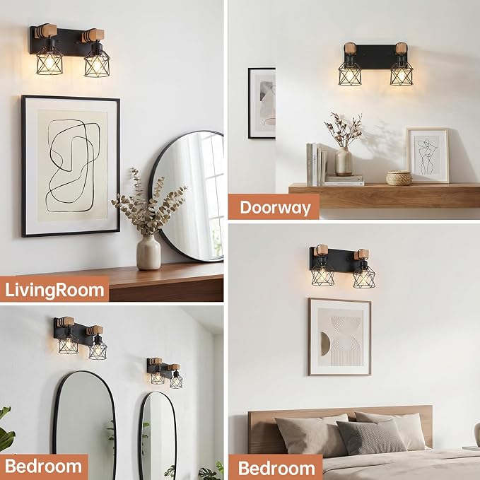 2-Light Farmhouse Vanity Light Fixture, Wood Bathroom Light Fixtures Over Mirror, Industrial Black Vanity Light with Metal Lampshade for Bedroom Hallway Living Room