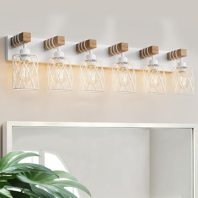 IZORRO Farmhouse Bathroom Vanity Light, 6-Light Wood Bathroom Light Fixtures Over Mirror, Matte White Industrial Vanity Lights with Metal Shade, Rustic Restroom Lighting Fixtures