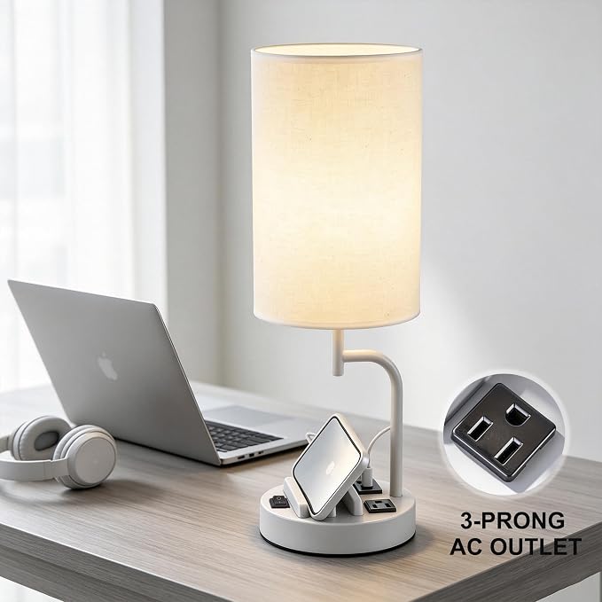 Dreamholder 2 Pack Table Lamp, Bedside Lamp with 3 USB Charging Ports & AC Outlet, USB Desk Lamp with 2 Phone Holders, Linen Fabric Shade Nightstand Lamps for Bedroom Living Room Office, Gray