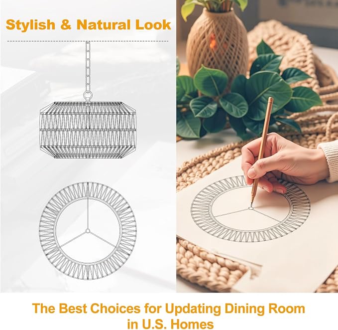 9"-52" Height Adjustable Farmhouse Chandelier Light Fixture, 1-Light Rattan Boho Chandeliers for Dining Room, Hand Woven Pendant Light with Linen Shade, Rustic Hanging Lighting for Kitchen Island