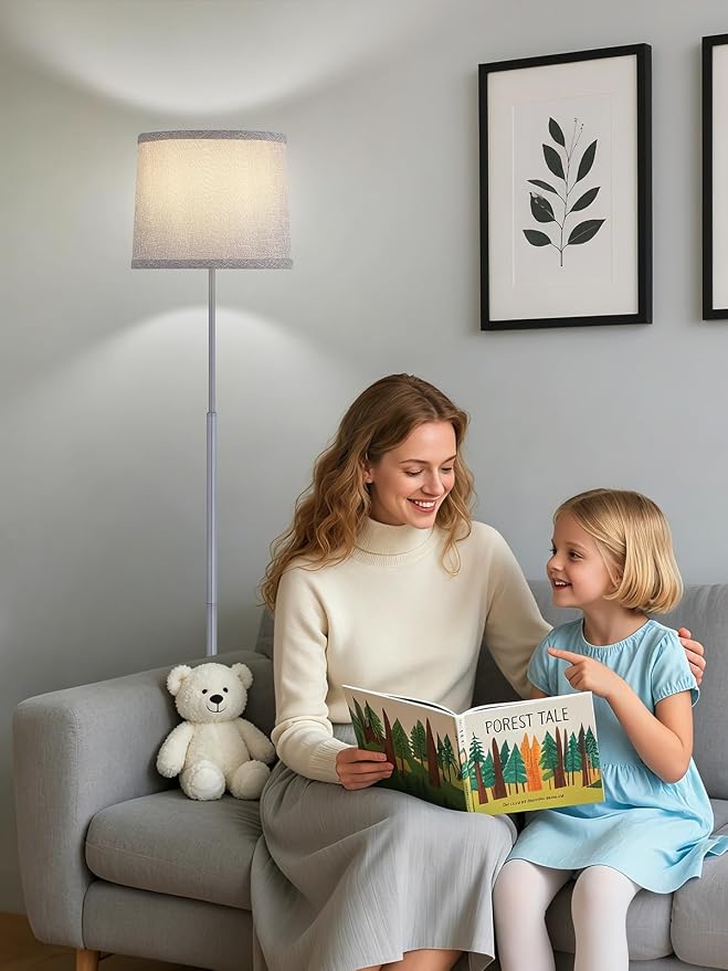 60" Modern Floor Lamp for Living Room Bedroom, Standing Lamp with Oatmeal Linen Lampshade, Tall Lamp with A19 9W 3 Color Temperature Bulb, Foot Switch Control, Silver