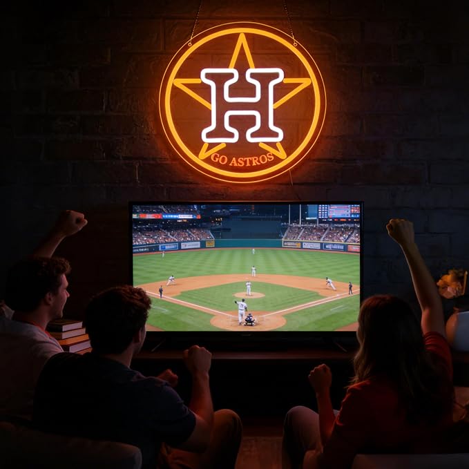 Baseball Neon Sign for Wall Decor Houston Baseball Neon Light for Man Cave | Dimmable Led Neon,Fans Birthday Baseball Gifts,5V USB Powered, Men's Bedroom,Sport Bar Decor,Club,Garage Wall Art,12.9*12.9in