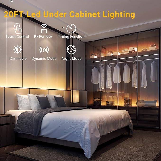 DAYBETTER Under Cabinet Lighting, 6 PCS Under Cabinet Lights, Dimmable LED Strip Lights with Remote, LED Lights for Kitchen Cabinet, Counter, Shelf, 2700K-6500K Warm to Daylight White, Timing, 20 ft | Dimmable,2700K-6500K Dual-Color Tunable White,Timin...
