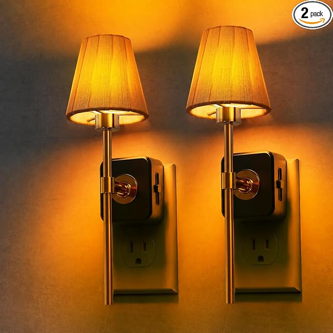 L LOHAS LED Night Lights Plug into Wall, Pleated Fabric Cover Night Light | 2 Pack Amber Night-light with 0-100LM Dimmable, Dusk to Dawn Sensor Vintage Nightlight for Bedroom Living Room Hallway