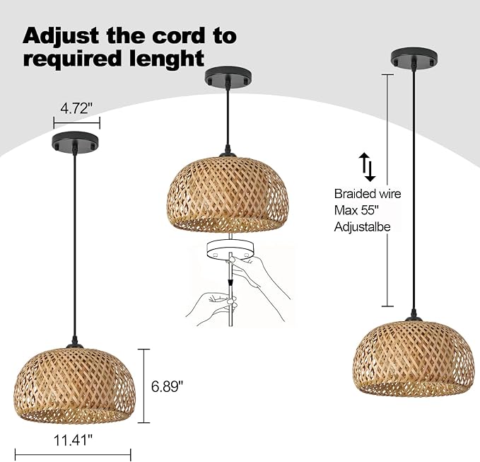Bamboo Pendant Light,Set of 2 Boho Round Basket Chandelier Handmade Woven Pendant Light, Natural Bamboo Rattan Hanging Chandelier for Kitchen Island Dining Room Living Room Porch