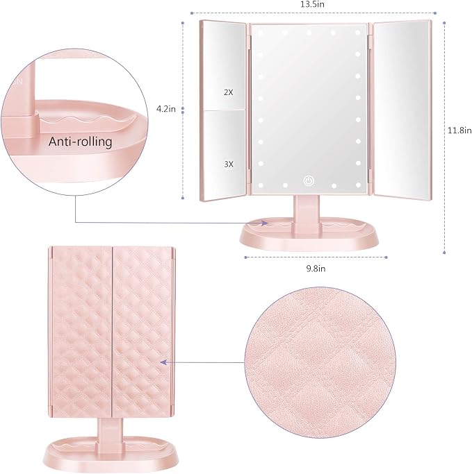 Trifold Lighted Vanity Makeup Mirror with 21 LED Lights,1x/2x/3x Magnification and Touch Screen Dimming,Two Power Supplies Makeup Mirror, Gift for Women