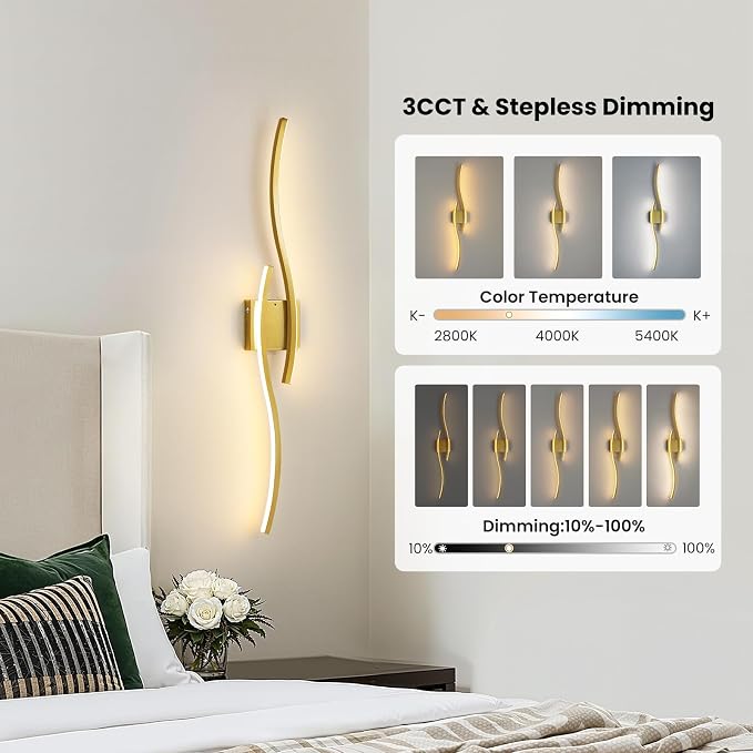 Gold Battery Operated Wall Sconces: 39.3 Inch Rechargeable Wall Sconce Set of 2 with Remote Control/3 Colors/10-100% Dimming/Timer Modern LED Wall Light for Bedroom Living Room Hallway Bathroom, 2 Pcs