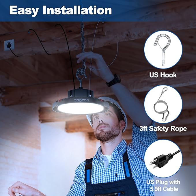 CINOTON 160W UFO LED High Bay Light, Aluminum LED Shop Lights with 24000LM, 5000K Commercial Bay Lighting for Warehouse Garage Workshop Factory, 6' Cable & Safety Rope, ETL Listed 1 Pack