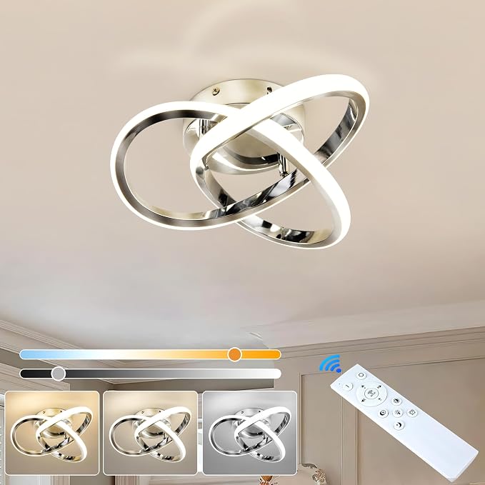 10 Inch Modern Ceiling Light, 24W LED Dimmable Ceiling Light with Remote Control, 3000-6000K Color Temperature Adjustable, Chrome Small Chandelier for Bedroom, Entryway, Hallway, Kitchen