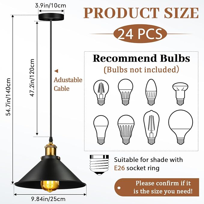 24 Pcs Industrial Pendant Light Vintage Metal E26 Base Hanging Light Rustic Dome Pendant Lamp Fixture Farmhouse Kitchen Hanging Ceiling Lamp for Dining Room Bedroom Hallway Bar (Black)