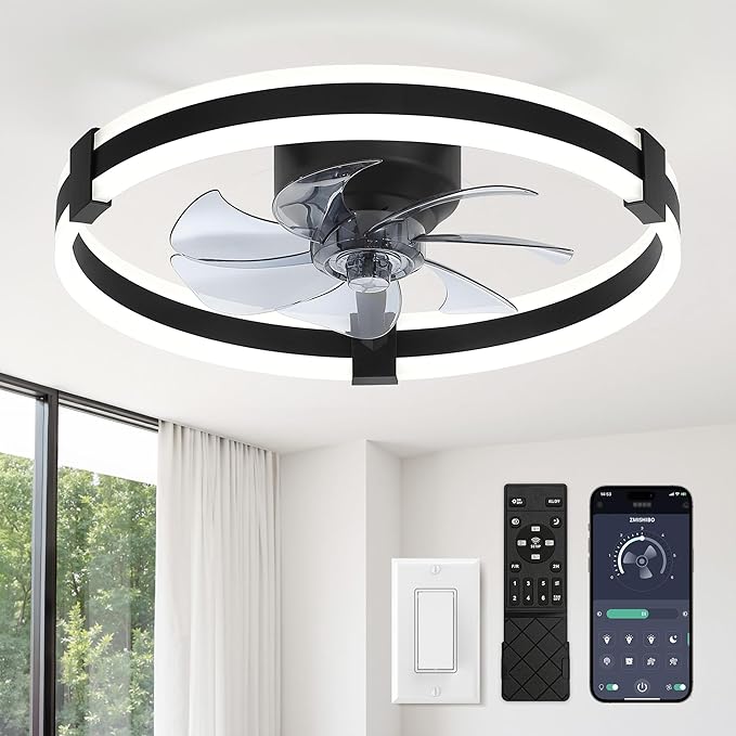ZMISHIBO 20" Low Profile Fandelier LED Ceiling Fans with Lights and Remote | 3CCT Dimmable, 6 Speeds, Remote/App Control, Reversible DC Motor, Memory, Timer, Small Modern Fandelier for Kids/Bedroom