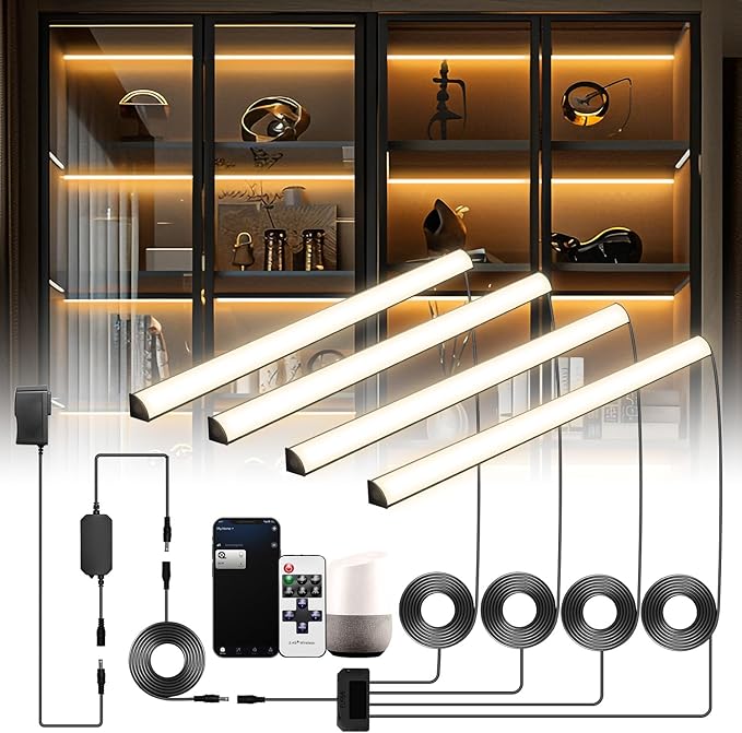 Black Shelf Lights, LED Bookcase Lighting Compatible with Alexa, WiFi Dimmable 2700K Under Shelf Lighting for Bookshelf, Display Case, Cabinets with App, Remote, Memory Function (4Pack 12In)