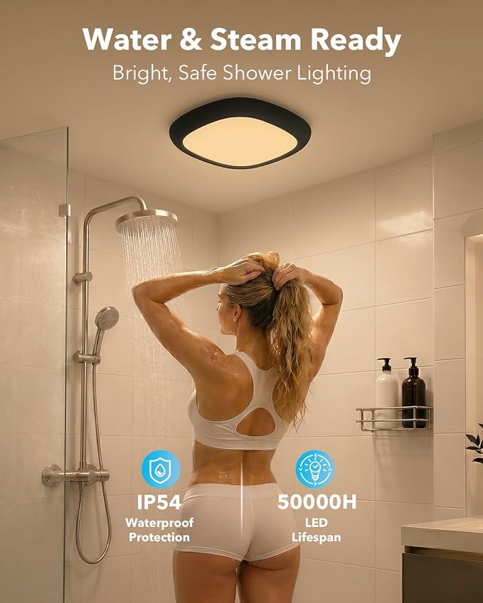 IP54 Waterproof LED Shower Light, Wireless Ceiling Light with Remote | 12000mAh Battery Operated, No Wiring, Portable, USB Rechargeable Closet Overhead Lights for Bathroom Garage Hallway Pantry