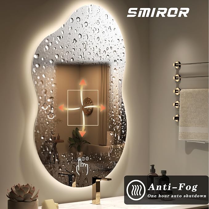 SMIROR 40x24 Irregular Backlit Led Lighted Bathroom Vanity Mirror | Asymmetrical, Cloud Shape, Anti-Fog, 3 Colors, Dimmable, Memory, Tempered Glass, UL