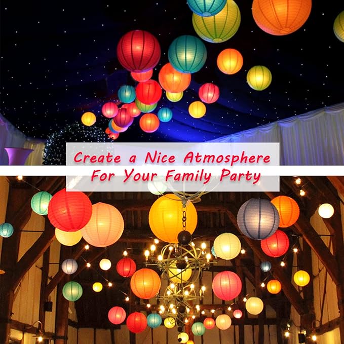 Hanging Paper Lanterns Decorative, Rainbow Colorful Chinese Paper Lanterns Ceiling Party Decorations with 16 LED Lights for Fiesta Mexican Party Baby Shower Birthday Wedding Anniversarie, Pack of 16