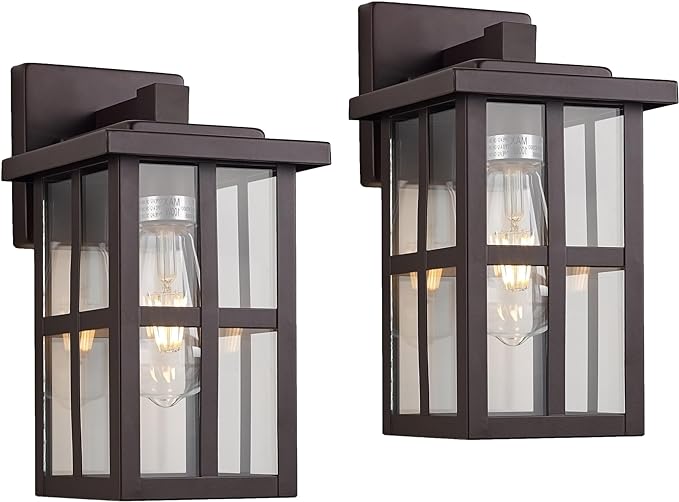 MICSIU 2 Pack Bronze Outdoor Wall Light Fixtures, 11" Modern Farmhouse | No Assembly Required, Clear Glass, Anti-Rust, Front Porch Light For House Porch Garage
