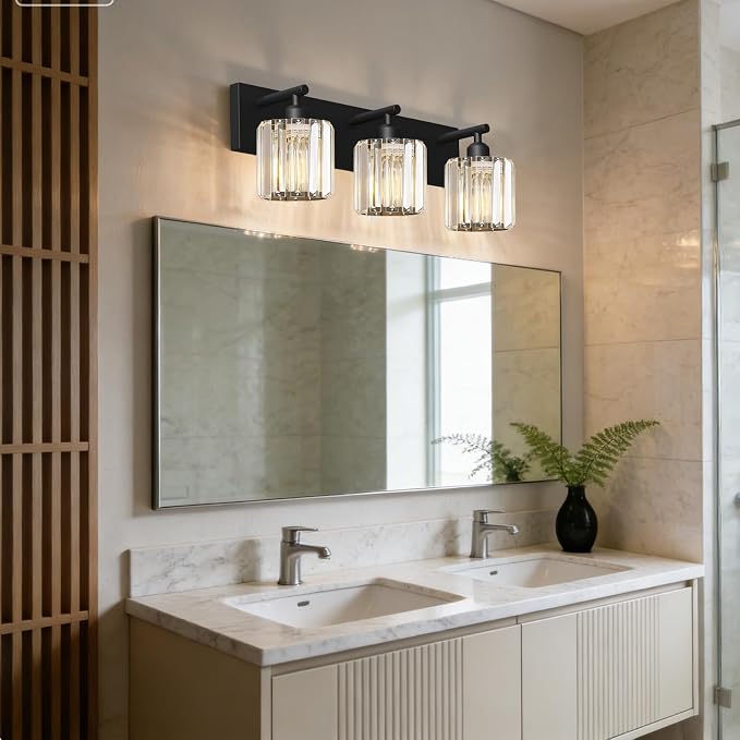 Black Crystal Bathroom Vanity Light, 3-Light Modern Bathroom Lighting Fixtures Over Mirror, Matte Black Wall Sconce Light Fixtures with Round Shade