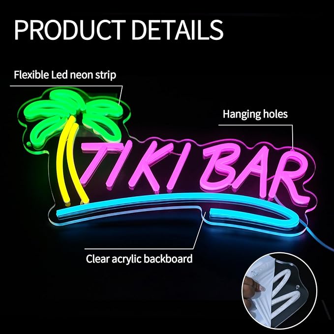 Tiki Bar Neon Sign for Wall Decor Dimmable Hawaiian Tiki Led Lights Signs Open Signs for Business Neon Light for Man Cave Club Pub Bistro Summer Party Restaurant Home Bar Gift