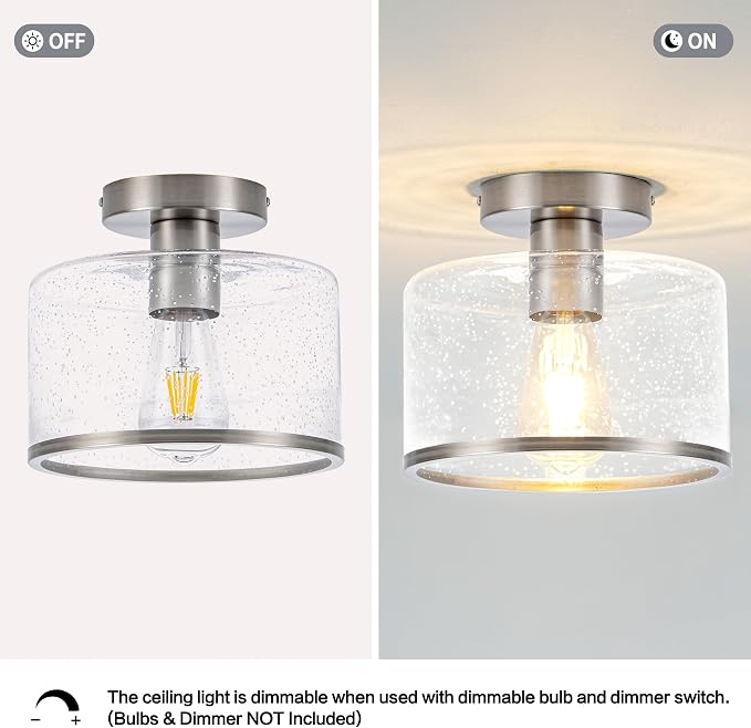 Zlepmlla Modern Flush Mount Ceiling Light, Seeded Glass Ceiling Light Fixture, Nickel Light Fixture for Hallway, Bedroom, Entryway, Kitchen，Living Room