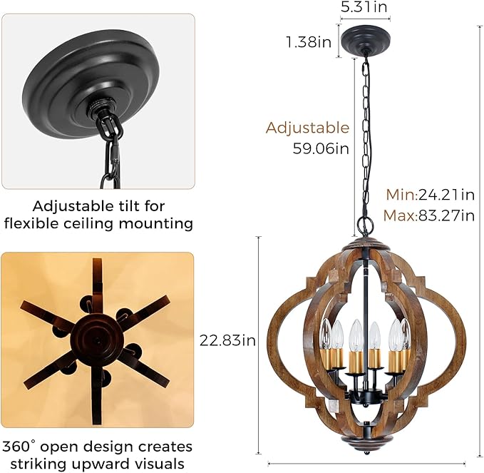 6-Light Farmhouse Chandelier, Rustic Wood Dining Room Light Fixture with Dark Brown Wood & Gold Metal, Easy to Install for Kitchen, Entryway, Bedroom, Living Room
