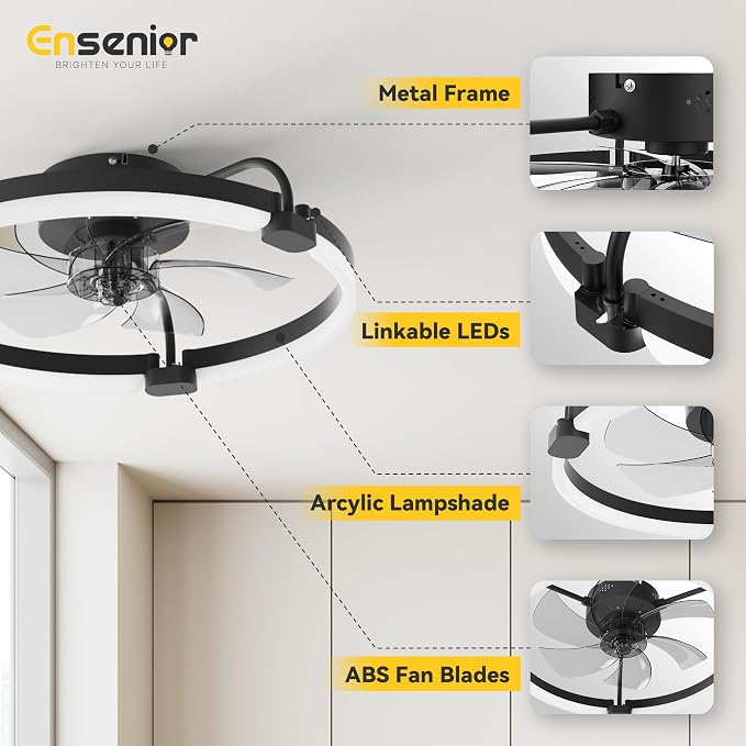 Ensenior 20 Inch Flush Mount Ceiling Fans with Lights, APP Control, Black | Quiet Reversible Motor, Night Light Mode, 6 Speeds, 3CCT, Dimmable, Low Profile, Remote, Memory Function, Timer, Bedroom