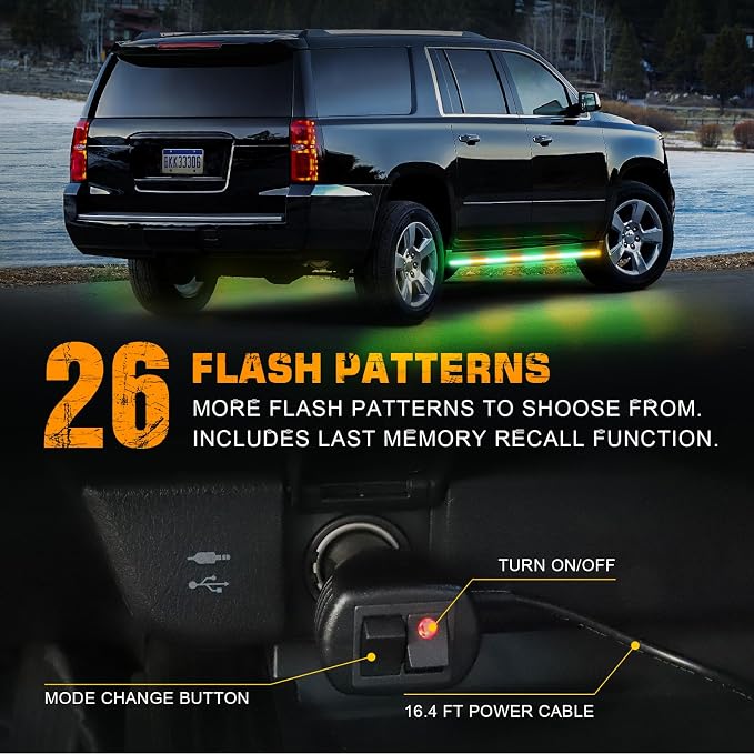 70 inch Running Board Strobe Lights Amber Green Emergency Lights | 2PCS 864 LED Exterior Flashing Warning Hazard Caution Safety Light Strip for Tow Plow Trucks Construction Vehicles Pickup