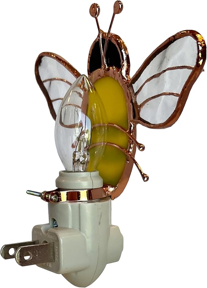 Gift Essentials Honey Bee Plug in Night Light - Stained Glass Nightlight with On/Off Rocker Switch - Includes One 4 Watt Replaceable Incandescent Warm Glow Bulb