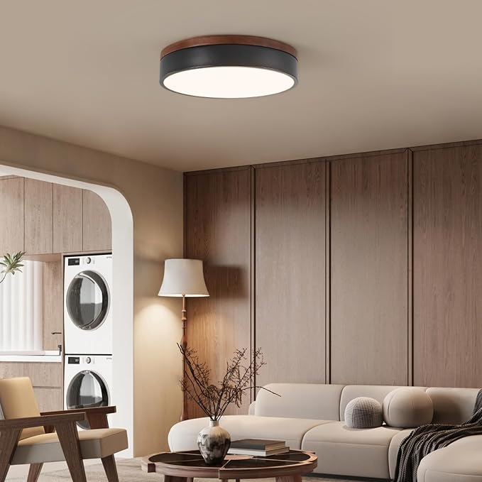 12" Minimalist Black and Walnut Wood LED Flush Mount Ceiling Light | Natural Wood Accent, Integrated LED, 5CCT Before Installation, Slim Low-Profile Design, Minimalist Modern Style, Compact Size