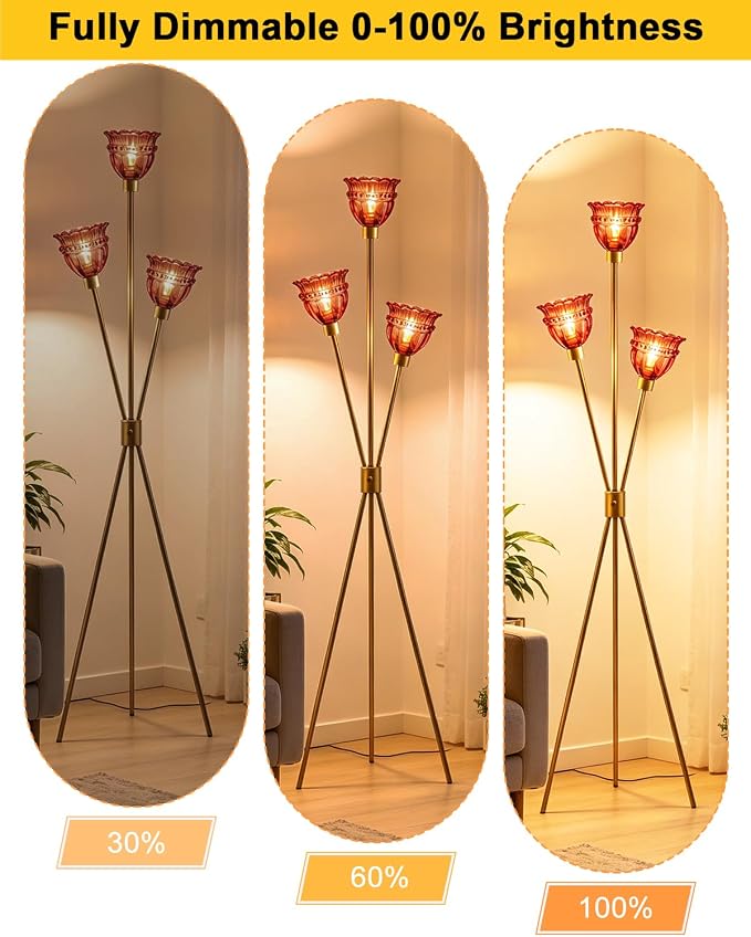 Lightdot 3-Lights Glass Tripod Floor Lamp Gold Dimmable Floor Lamps with 3000K Warm White Bulbs for Wedding Party 62IN Tall Standing Lamp with Deep Red Glass Shade for Living Room/Bedroom/Home Decor