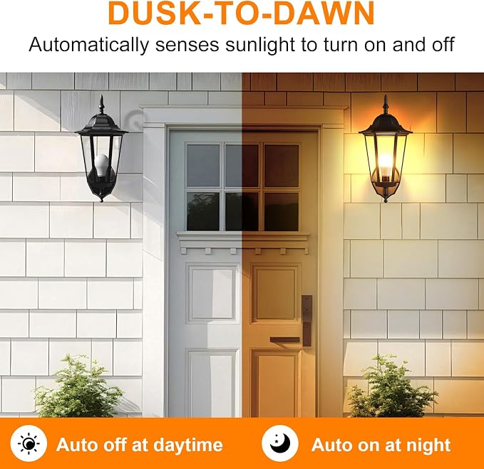 TJOY Dusk to Dawn Light Bulb Outdoor, Light Sensor, Automatic On/Off, 2700K | Photocell A19 LED Bulb for Outdoor Porch Lighting, 60W Equivalent, Energy Efficient 9W, Soft White, E26 Base, 8 Pack