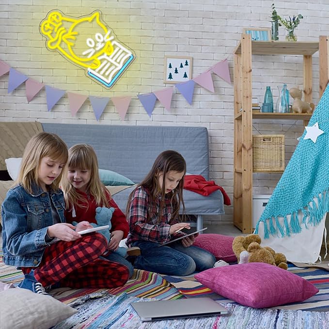 Cat Reading Book Neon Sign Reading Cat Neon Lights for Wall Decor Adorable Cat Neon Signs Dimmable Read Book LED Neon Sign for Classroom Library Children Studying Room Bedroom Decoration